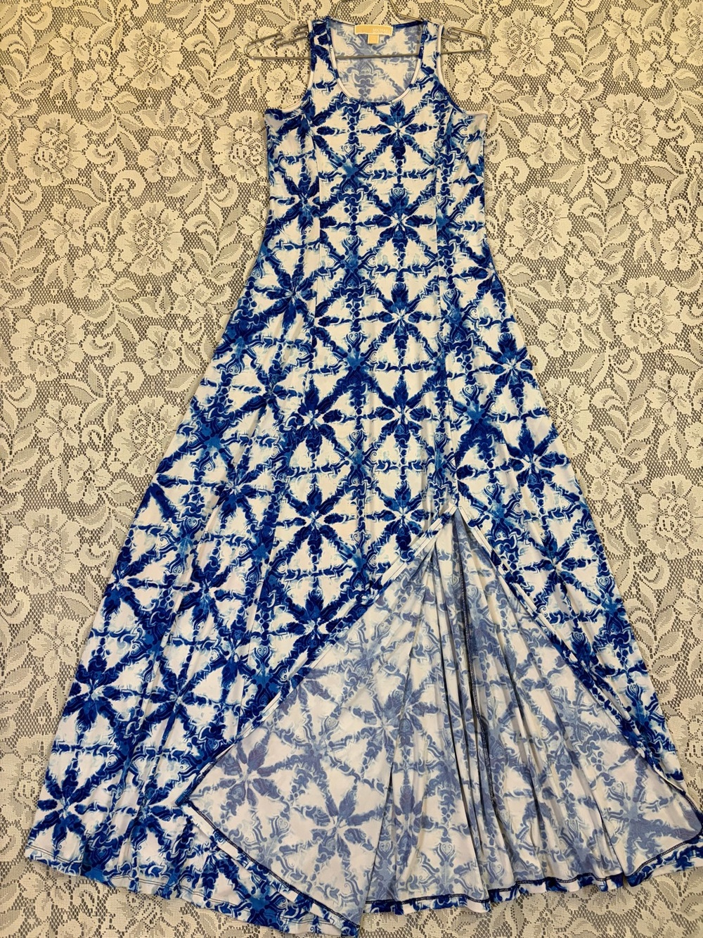 Michael Kors Blue and White Tile Print Maxi Dress with Side Slit
